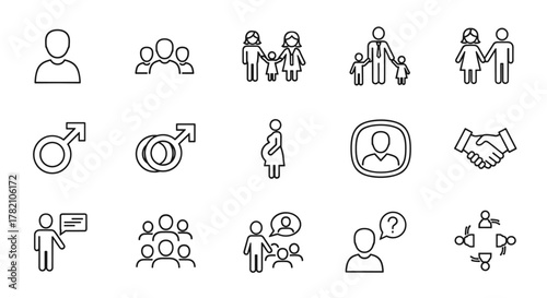 Vector illustration of a diverse collection of line icons representing people, families, groups, and human interactions, including male and female symbols, pregnancy, and teamwork, suitable for