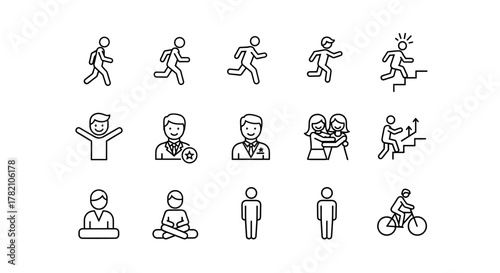 Diverse collection of flat line icons representing various human activities and states, including walking, running, jumping, climbing stairs, celebrating success, professional roles, friendship