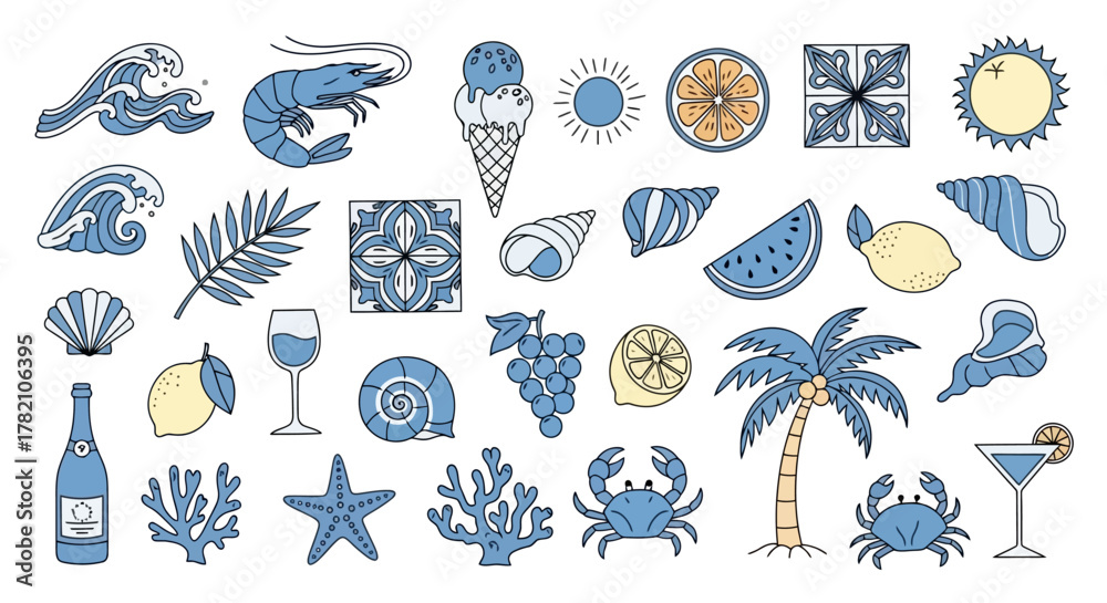 Fototapeta premium Summer Vacation Icons Vector Set of Coastal Beach Elements