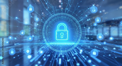 Wallpaper Mural Cybersecurity in a Digital World: A luminous padlock, symbolizing security, is at the core of a web of interconnected digital elements, with data streams weaving and pulsing. Torontodigital.ca