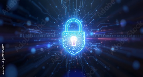 Wallpaper Mural Digital Fortress: A radiant digital padlock illuminates the heart of a complex circuit board, symbolizing security and protection in a modern technology landscape. Torontodigital.ca