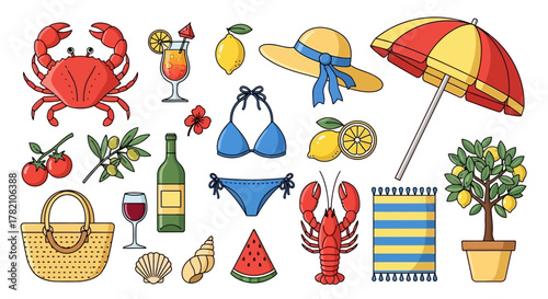 Summer beach icons collection Vacation essentials and nautical themes