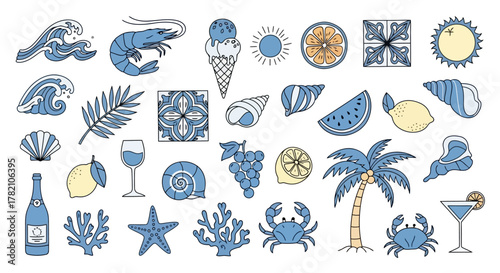 Summer Vacation Icons Vector Set of Coastal Beach Elements