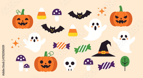 Photos Halloween Cartoon Icons Festive Pumpkins, Ghosts, Bats, and Candy for Spooky Fun