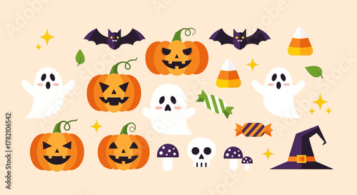Halloween Celebration Spooky Pumpkins, Ghosts and Bats Illustration