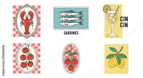 Retro-Inspired Food and Drink Icons with Checkered Accents Lobster, Sardines, Cocktails, and Tomatoes