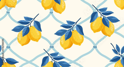 Lemon and Blue Leaves Pattern Background
