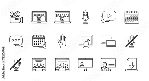 A comprehensive set of thin line icons representing video conferencing, online meetings, and virtual communication, presented on a clean white background for clarity and versatility in digital design