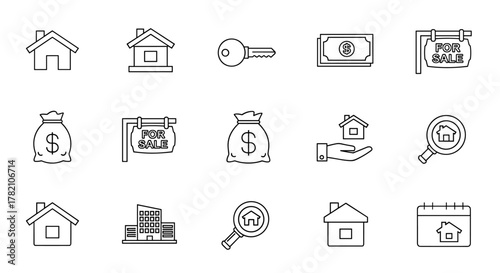 Real Estate Minimal Thin Line Web Icon Set: A Comprehensive Collection of Outline Icons Representing Realty, Property, Mortgage, Home Loan, and More, Perfect for Web and Graphic Design Applications.