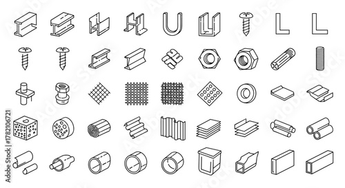 Set of linear style icons representing metal and stainless steel products, including various metal profiles like I-beams and U-channels, fasteners such as screws and bolts, mesh materials, nuts