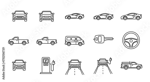 Collection of clean line art icons representing various vehicles and automotive elements, including cars, trucks, vans, a car key, and a steering wheel, all set against a white background for easy