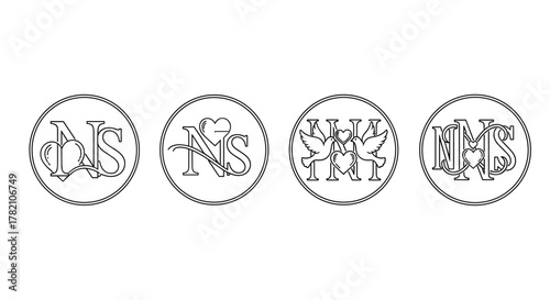 Set of four circular monograms featuring the letters N and S, intricately designed with romantic and celebratory elements like hearts, balloons, and doves, presented as clean line art on a white