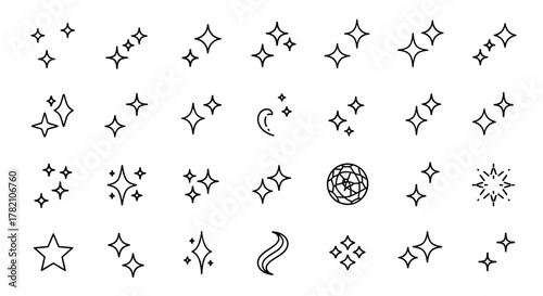 Collection of simple, outline, linear vector cartoon illustrations of sparkles and stars, featuring various arrangements and styles, including a diamond and a crescent moon, suitable for web sites