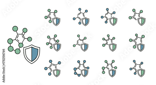Set of minimalistic chemical compound icons with shields, representing protection, security, and scientific research. These vector cartoon illustrations are perfect for web design, app icons