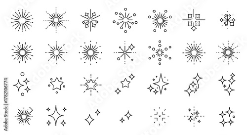 Collection of thin line icons representing sparkles and stars, perfect for web, books, cards, and apps. This editable stroke vector cartoon illustration features a white background, offering