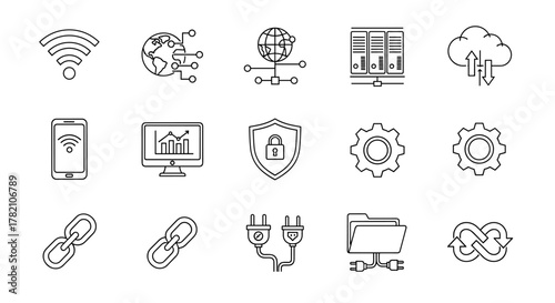 A comprehensive set of line icons representing various aspects of technology and networking, including Wi-Fi, global connectivity, data servers, cloud storage, smartphones, analytics, security
