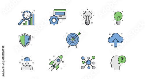 Set of 9 business and marketing icons in a clean, modern vector cartoon illustration style, featuring concepts like SEO, analytics, ideas, security, goals, cloud storage, innovation, networking, and