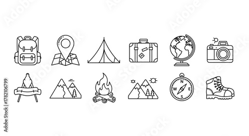 Vector outline icons collection for travel and vacation, featuring a backpack, map pin, tent, suitcase, globe, camera, campfire, mountains, compass, and hiking boots, perfect for infographics