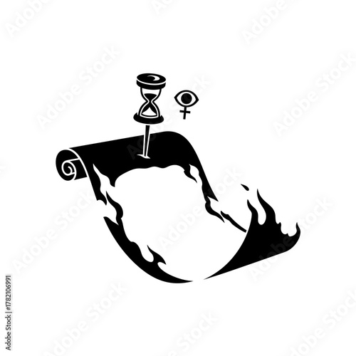 "Ancient Time Scroll Illustration – Feather Pen and Hourglass on Torn Vintage Parchment"

