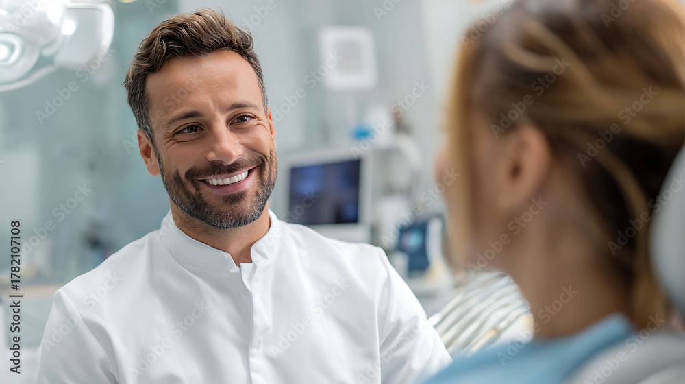 Fototapeta premium Smiling dentist showing healthy white teeth of patient, modern dental clinic