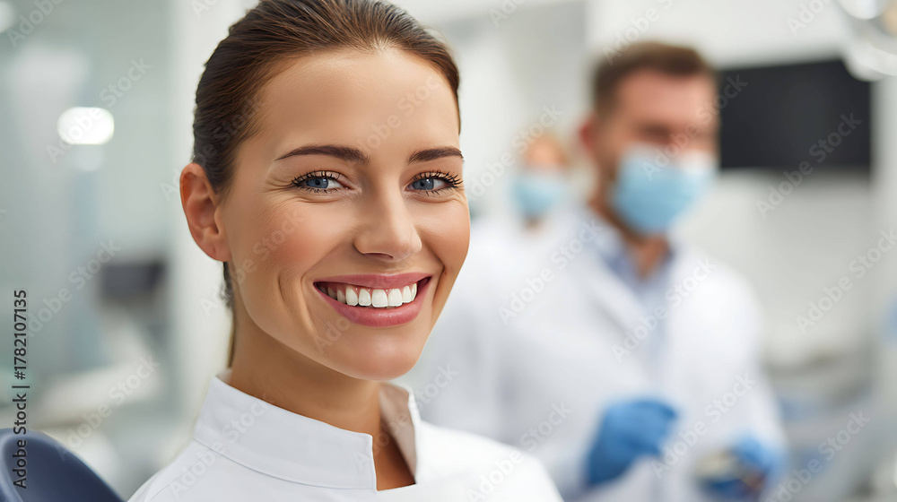Fototapeta premium Smiling dentist showing healthy white teeth of patient, modern dental clinic