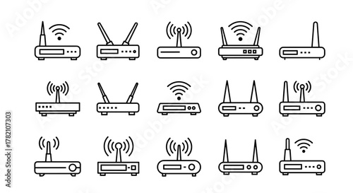 Collection of fifteen distinct Wi-Fi router icons, presented in a clean, modern line art style, perfect for UI design, placards, books, and apps. Each icon features editable strokes and represents