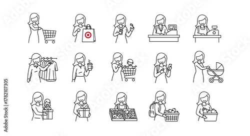 Set of minimalistic thin line icons depicting a woman engaged in various shopping activities, including pushing a cart, holding shopping bags, using a credit card, interacting with a cashier