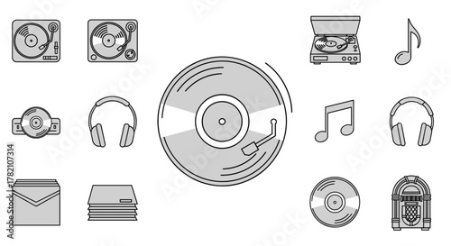 A collection of clean, modern line art icons representing various music and audio playback devices and symbols, including turntables, vinyl records, CDs, headphones, musical notes, a jukebox, and