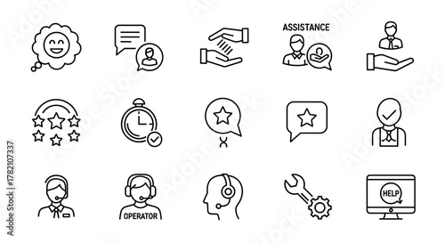 Customer service icon set, including customer satisfaction, assistance, experience, feedback, operator, and technical support icons. This solid icon collection features a happy face in a thought