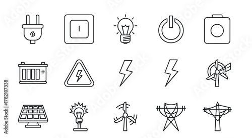 A clean and modern vector illustration set featuring various electricity-related icons, including an electric plug, light bulb, power button, battery, high voltage warning sign, solar panel