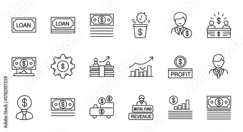 A comprehensive collection of finance icons, featuring loan, cash, savings, financial goals, profit, budget, mutual funds, earning money, and revenue symbols, presented in a clean, solid line art