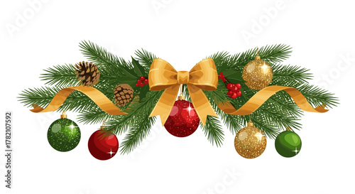 Christmas decorative border with ornaments and pine branches  