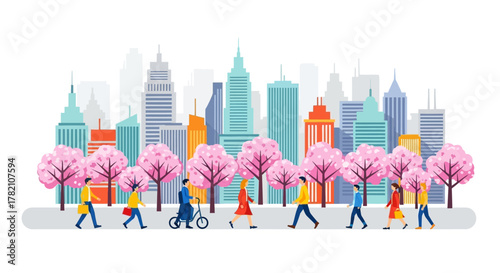 People walk in park with blooming trees and cityscape background illustration