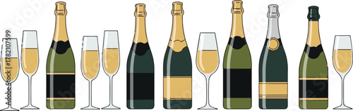 Assorted champagne bottles and flutes filled with sparkling wine for celebration Vector