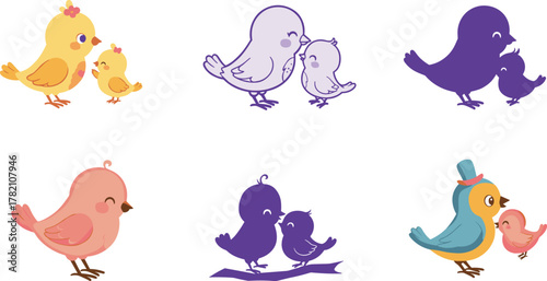 Cute parent and baby birds illustration, colorful and purple silhouettes, adorable animal family design, love and care vector art concept