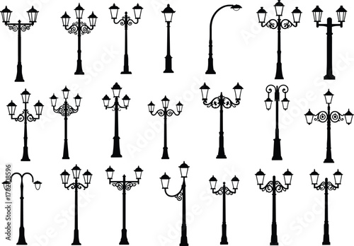 Set of ornate vintage street lamp silhouettes, decorative classic lamppost designs for urban lighting, city architecture, and old-fashioned outdoor illumination concepts