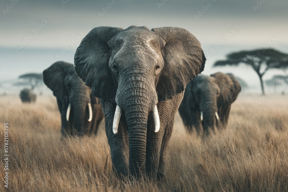 Obraz premium Majestic giants: elephants roaming the heart of the african savanna. Artistic distortion. Majestic procession: elephant herds in tarangire's sun-drenched terrain. Fantastical figures.