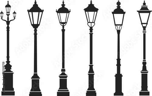 Collection of vintage street lamp silhouettes, elegant classic lamppost designs, ornate iron lanterns for urban architecture and old-fashioned outdoor lighting decoration