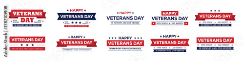 Veterans Day patriotic typographic designs in red, white, and blue. Includes phrases like "Thank You for Your Service," "With Honor and Respect," and "In Memory and Our Heroes.