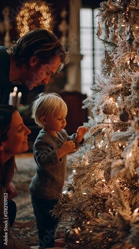 Famille en train de décoré le sapin de noël