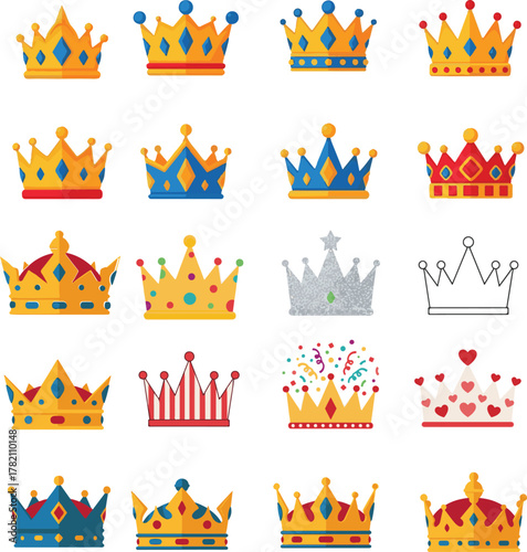 Set of royal crown illustrations, symbolizing power, success, triumph. Vector