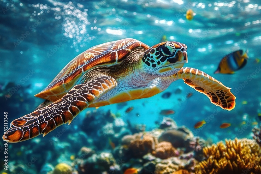 Fototapeta premium Close-up of a vibrant sea turtle swimming underwater surrounded by colorful fish and coral reef in clear blue ocean waters