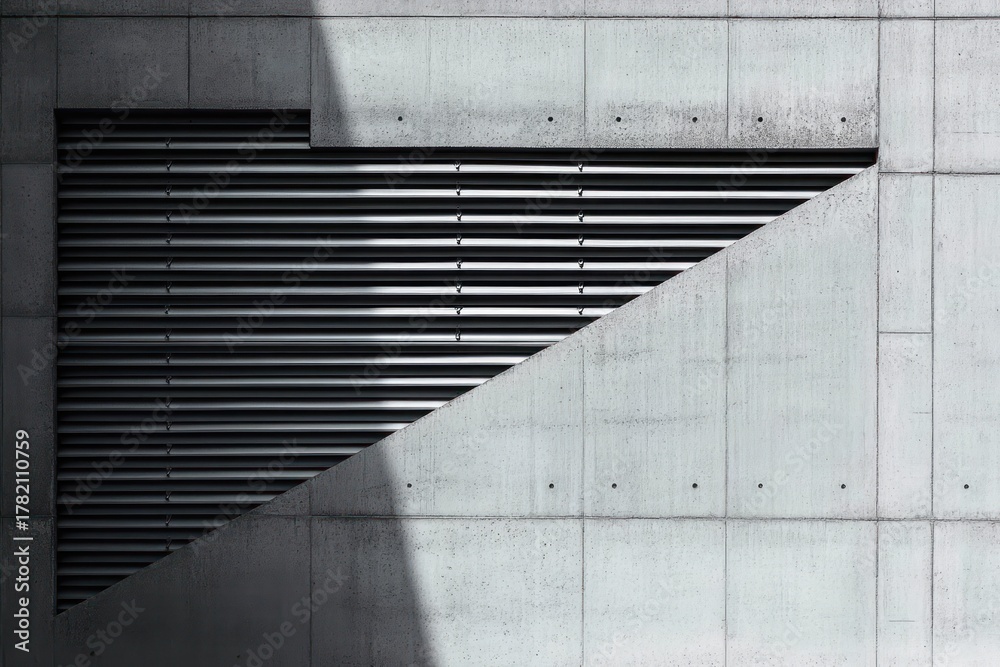 Fototapeta premium Minimalist architectural detail featuring diagonal sunlight on a concrete wall with a large rectangular black metal vent