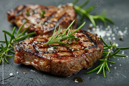 Two grilled steaks seasoned with rosemary and salt, resting on a dark surface.  Juicy and flavorful, the meat shows perfect grill marks