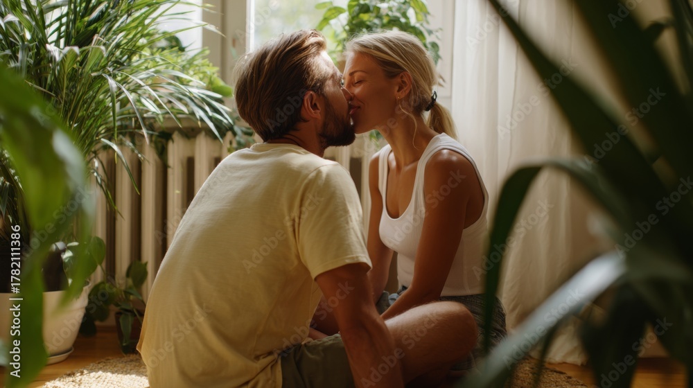 Fototapeta premium A young couple sharing a tender kiss in a sunlit room filled with lush greenery.