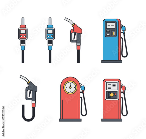 Gas station pumps and fuel nozzles vector icon set
