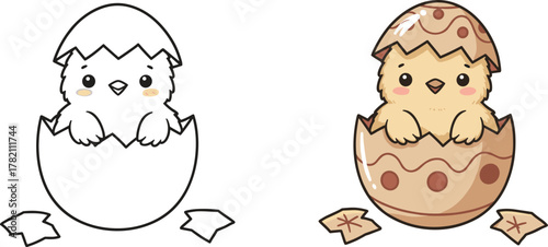 Cute baby chick hatching from egg illustration, adorable Easter design, spring animal artwork, cartoon character for coloring and decoration