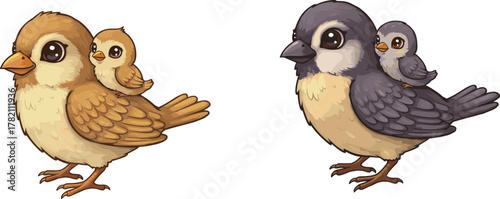 Cute cartoon mother and baby birds illustration, adorable animal family, wildlife art, parent bird carrying chick, nature and love design