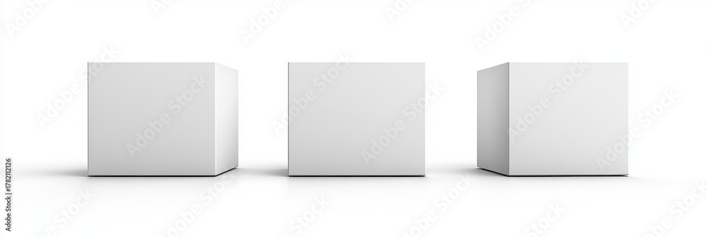 Fototapeta premium Three plain white cubes placed side by side on a white surface with soft shadows creating a minimal and clean composition