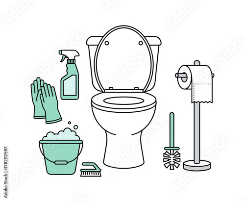 Toilet bowl with cleaning supplies and hygiene products